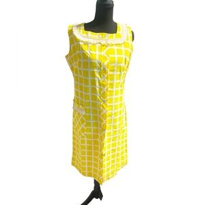 Vintage Cotton Windowpane Plaid Button-Front House Dress Lace Trim Medium